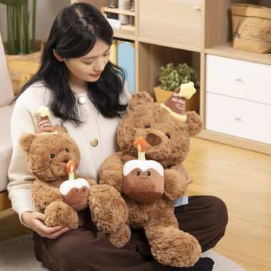 Birthday hat teddy bear plush toy with cake – cute gift for girlfriend and kids