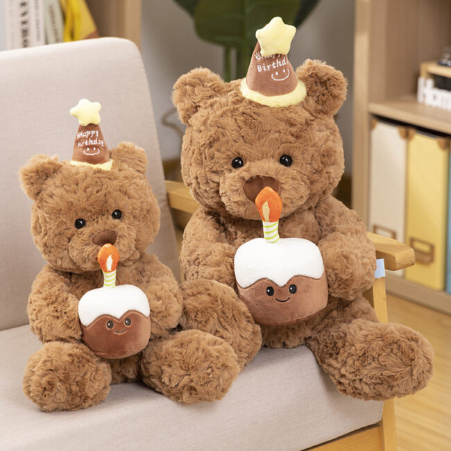 Birthday hat teddy bear plush toy with cake – cute gift for girlfriend and kids