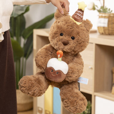 Birthday hat teddy bear plush toy with cake – cute gift for girlfriend and kids