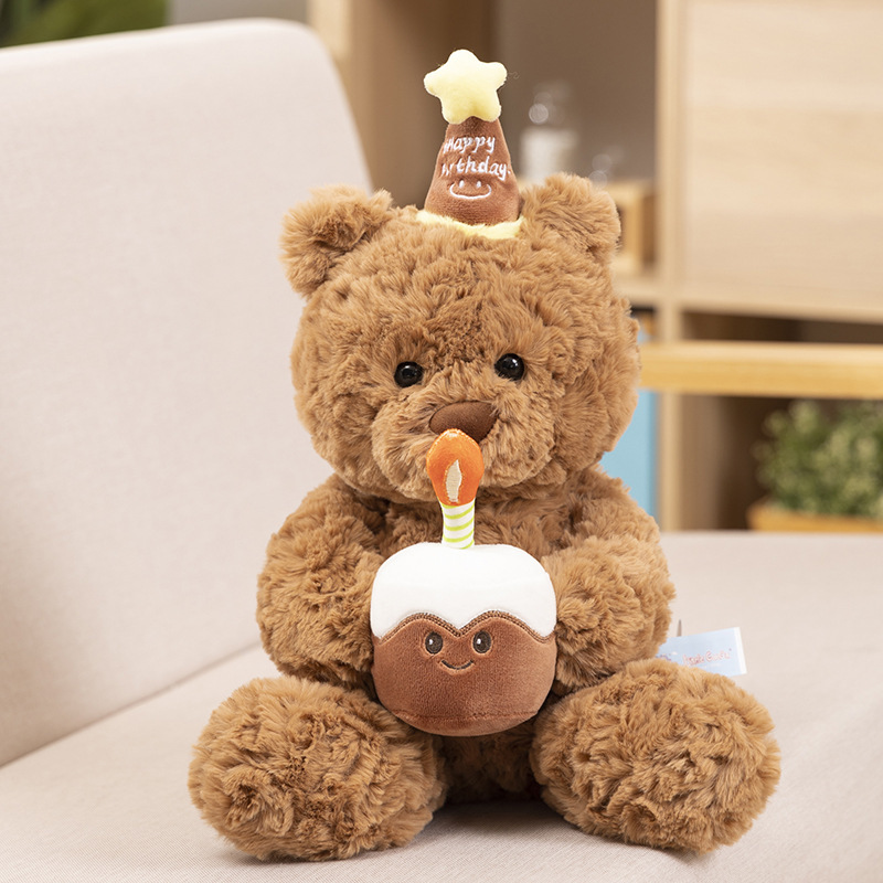 Birthday hat teddy bear plush toy with cake – cute gift for girlfriend and kids