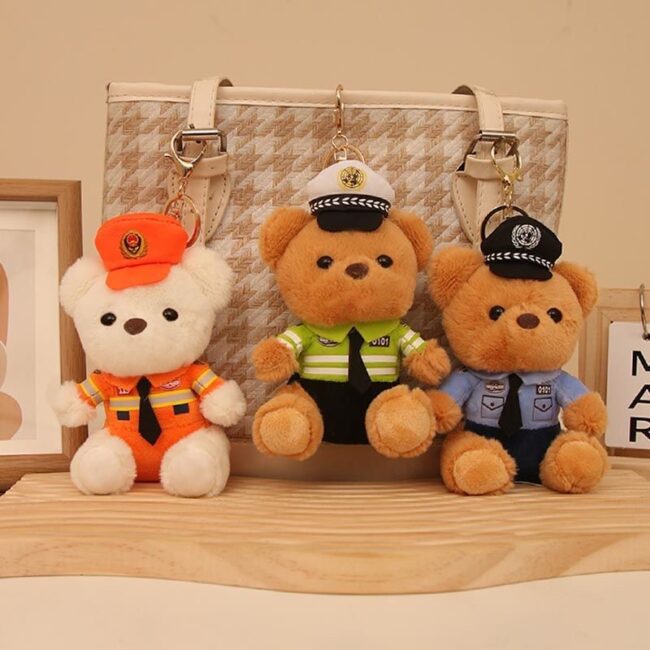 Cute police officer teddy bear keychain with plush uniform