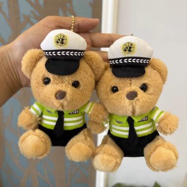 Cute police officer teddy bear keychain with plush uniform