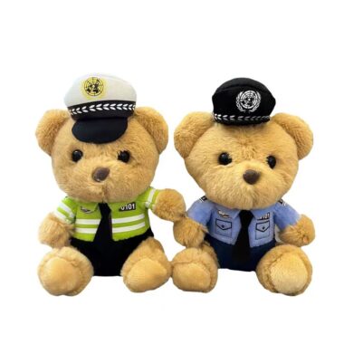 Cute police officer teddy bear keychain with plush uniform