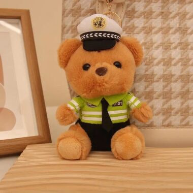 Cute police officer teddy bear keychain with plush uniform