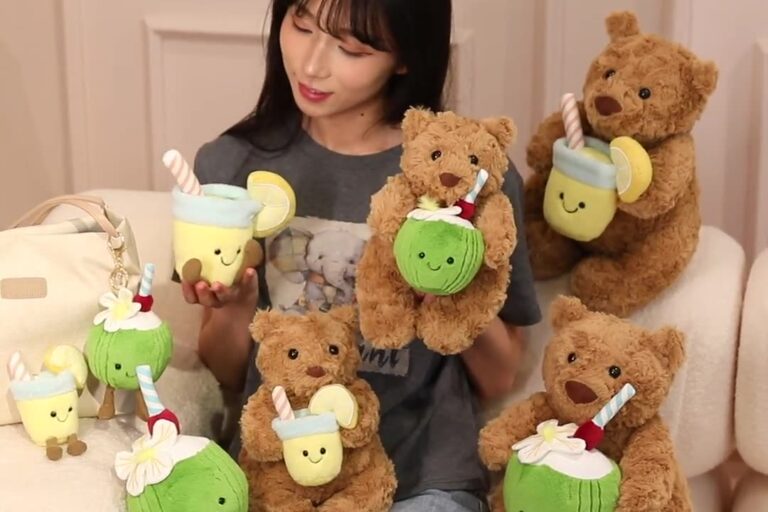 Jellycat Summer Coral Coconut Bear Plush Toy – Lemon Soda Barcelona Bear Doll (5) Jellycat Coral Coconut Bear Plush Toy with Lemon Soda Theme