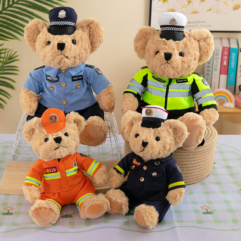 Police and firefighter teddy bear plush doll in soft uniform
